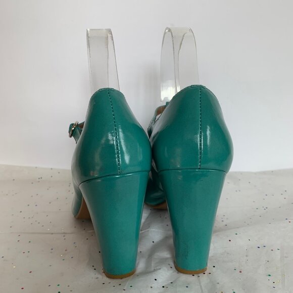 Jeffrey Campbell Y2K Frill Teal Blue Green Ruffle T strap Retro Inspired Pump 7 - Picture 7 of 10
